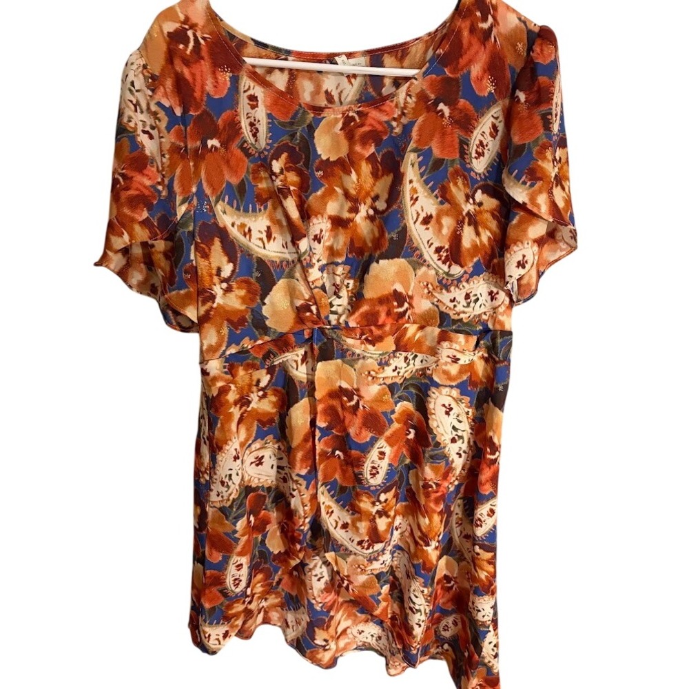Cato Womens XLP Orange Blue Floral Paisley Twist Front Flutter Sleeve Blouse Top